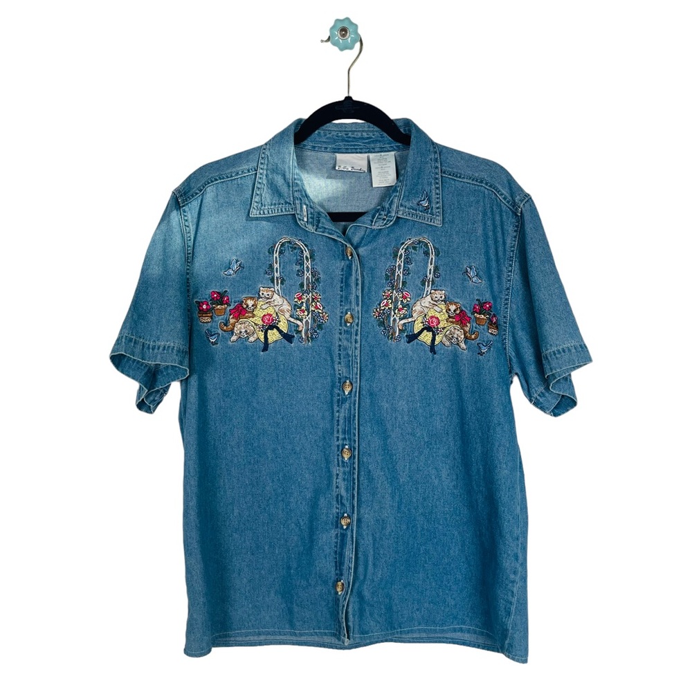 Vintage Bobbie brooks denim button down shirt embroidered cats and birds quirky